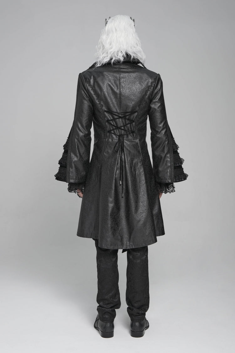 Ebony Flared-Sleeve Floral Crochet Lace-Up Men's Gothic Overcoat