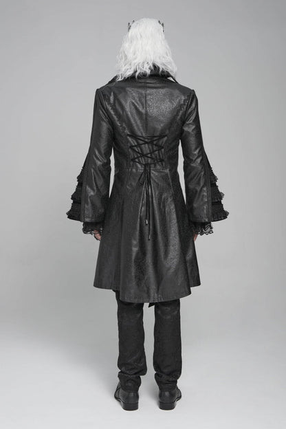 Ebony Flared-Sleeve Floral Crochet Lace-Up Men's Gothic Overcoat