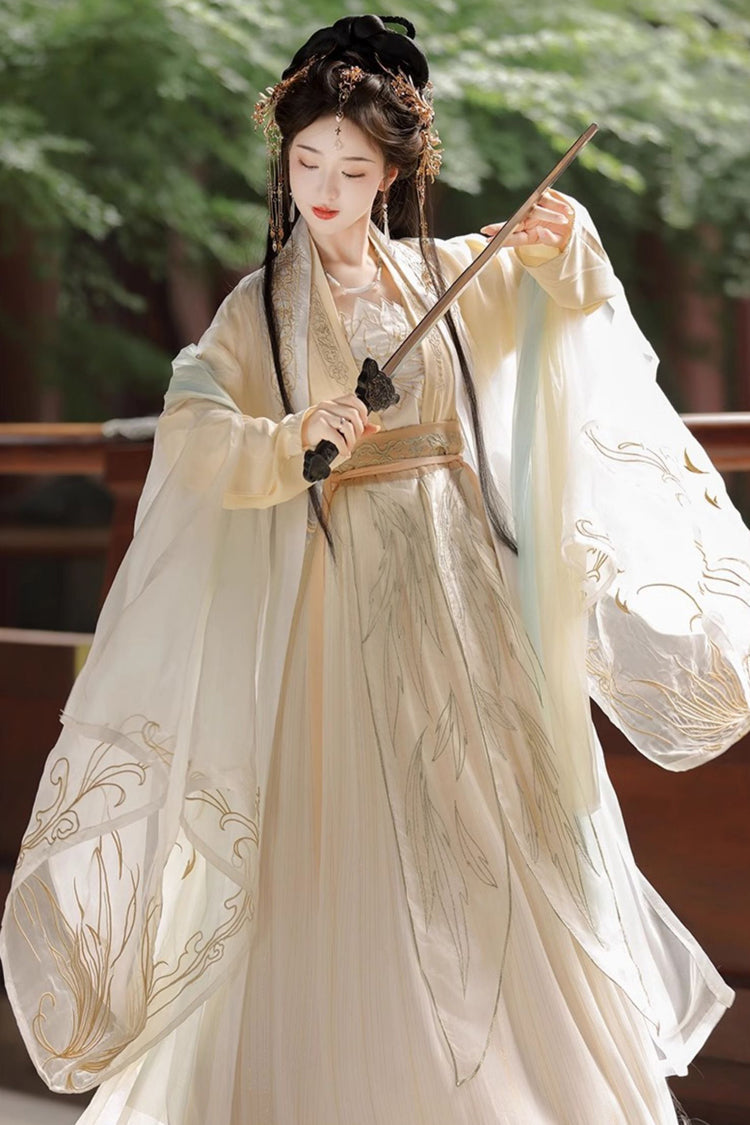 Sweet Hanfu Gown Full Set with Jacquard Print, Embroidery & Long Sleeves