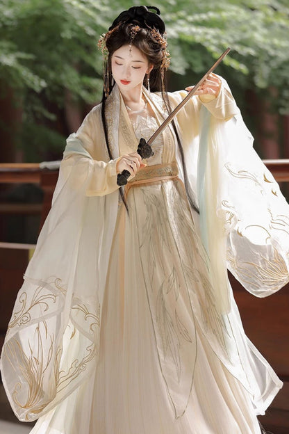 Sweet Hanfu Gown Full Set with Jacquard Print, Embroidery & Long Sleeves