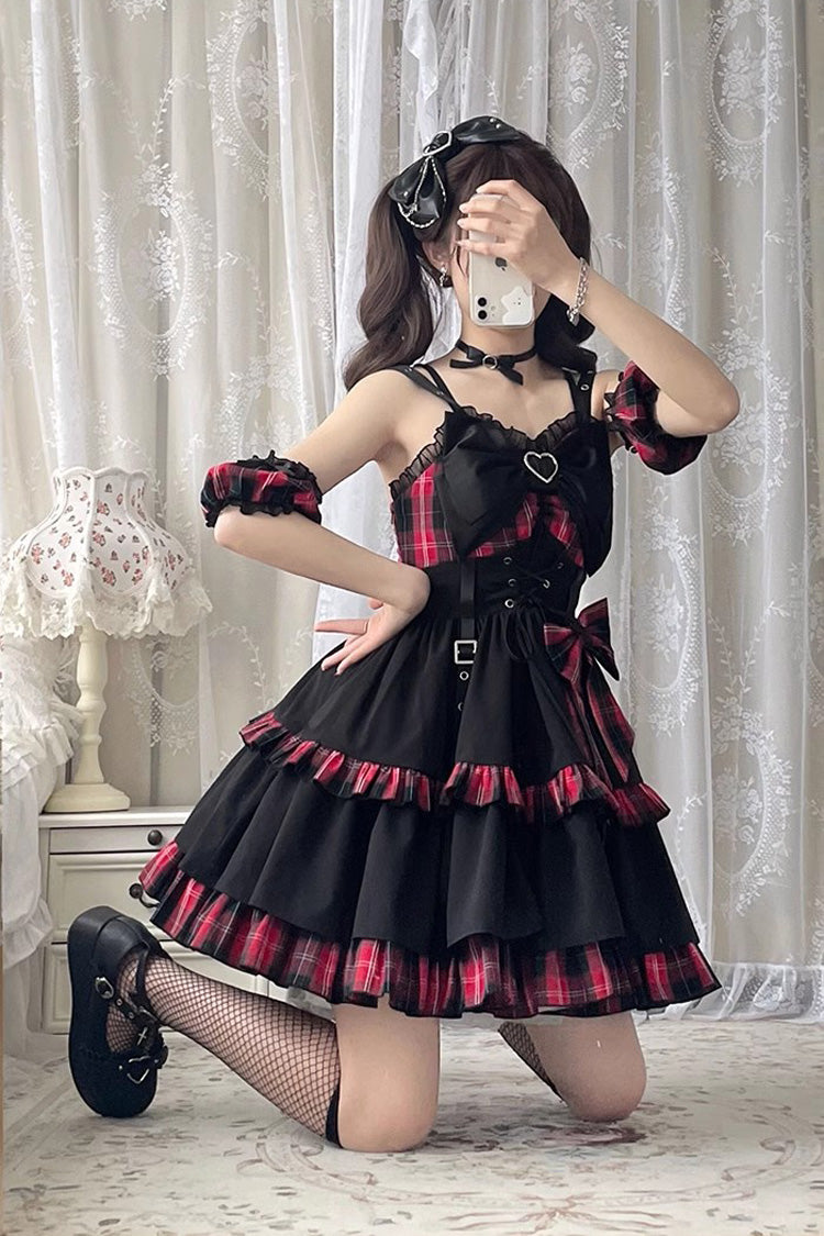 Crimson & Charcoal Tartan Contrast Leather Buckle Bow Ruffle Goth JSK