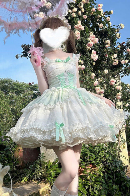 Emerald Leiffu Sleeveless Ruffle Bow Lace-Up Ballet JSK Dress