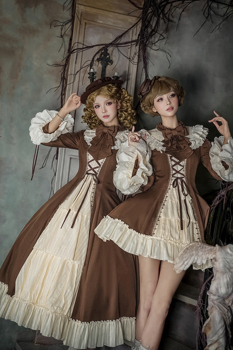 Nutcracker Stand Collar Trumpet Sleeve Lolita Dress Set with Bow - Lace-Up