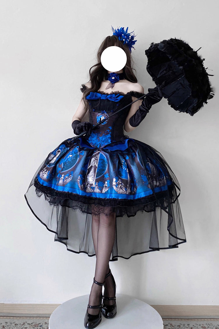 Azure Dark Moon Corridor Print Embroidery Gothic Lolita Gown Skirt