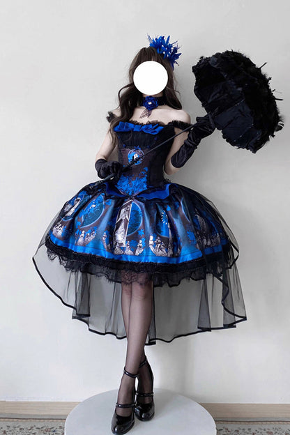 Azure Dark Moon Corridor Print Embroidery Gothic Lolita Gown Skirt