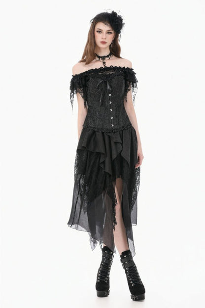 Women's Gothic Overbust Corset with Ruffled Lace and Lace-Up in Black Jacquard