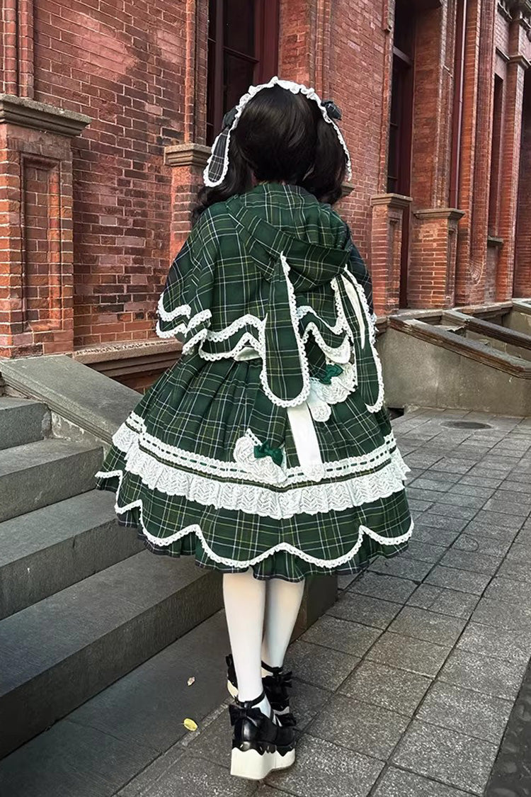 Emerald Gingham Petal Bunny Short-Sleeve Ruffled Bow OP Dress