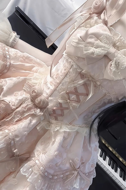 Blush Double-Layered Ruffle Embroidered Bow Lace Sweet JSK - Floral Overture