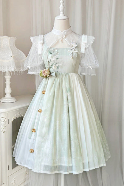 Sleeveless Lily Embroidery Cute Lolita JSK Dress in Mint Green
