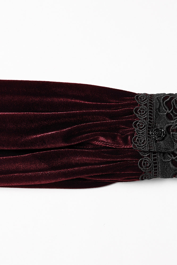 Crimson High-Neck Gothic Floral Lace-Up Blouse with Puffed Sleeves