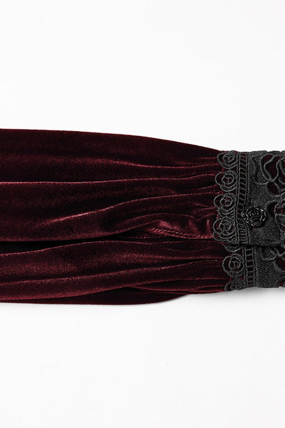 Crimson High-Neck Gothic Floral Lace-Up Blouse with Puffed Sleeves