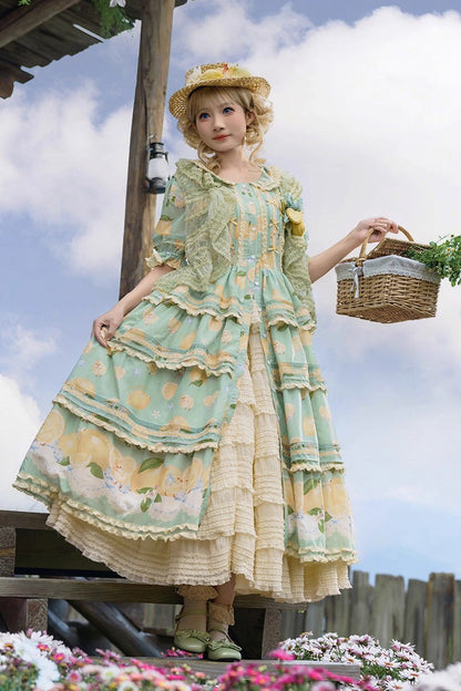 Emerald Lemon Chicken Triple-Layer Ruffle Bow Lace Gorgeous Dress