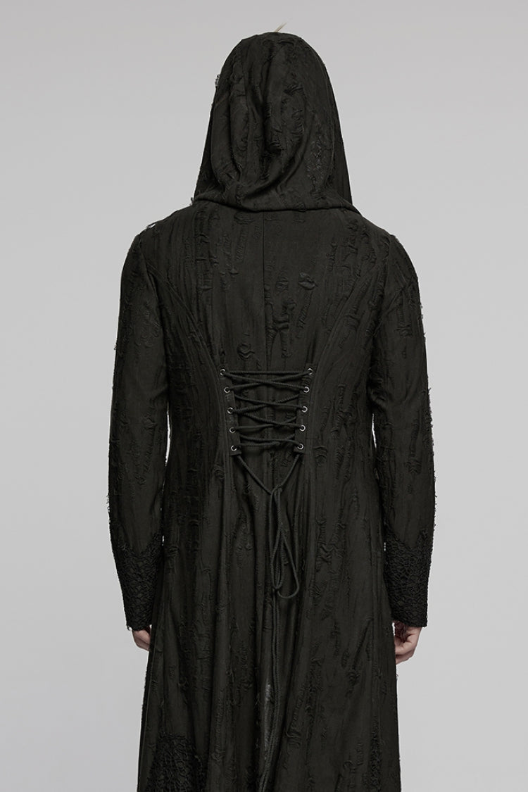 Ebony Long-Sleeve Irregular Hooded Sheer Ripped Men's Gothic Coat