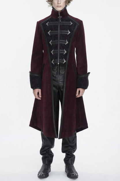 Crimson High-Neck Slim-Fit Gothic Coat with Embroidered Long Sleeves