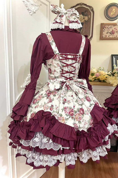 Off Shoulder Ruffled Bow Lace Gothic Lolita JSK Dress with Rose Print