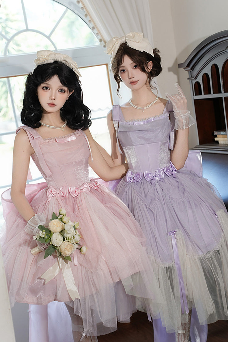 Blush Sleeveless Ruffle Bow Fishbone Sweet JSK - Foamy Sea