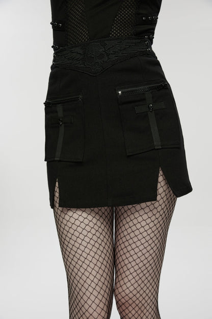 Zippered Skull Embroidered Big Pocket Punk Skirt for Women