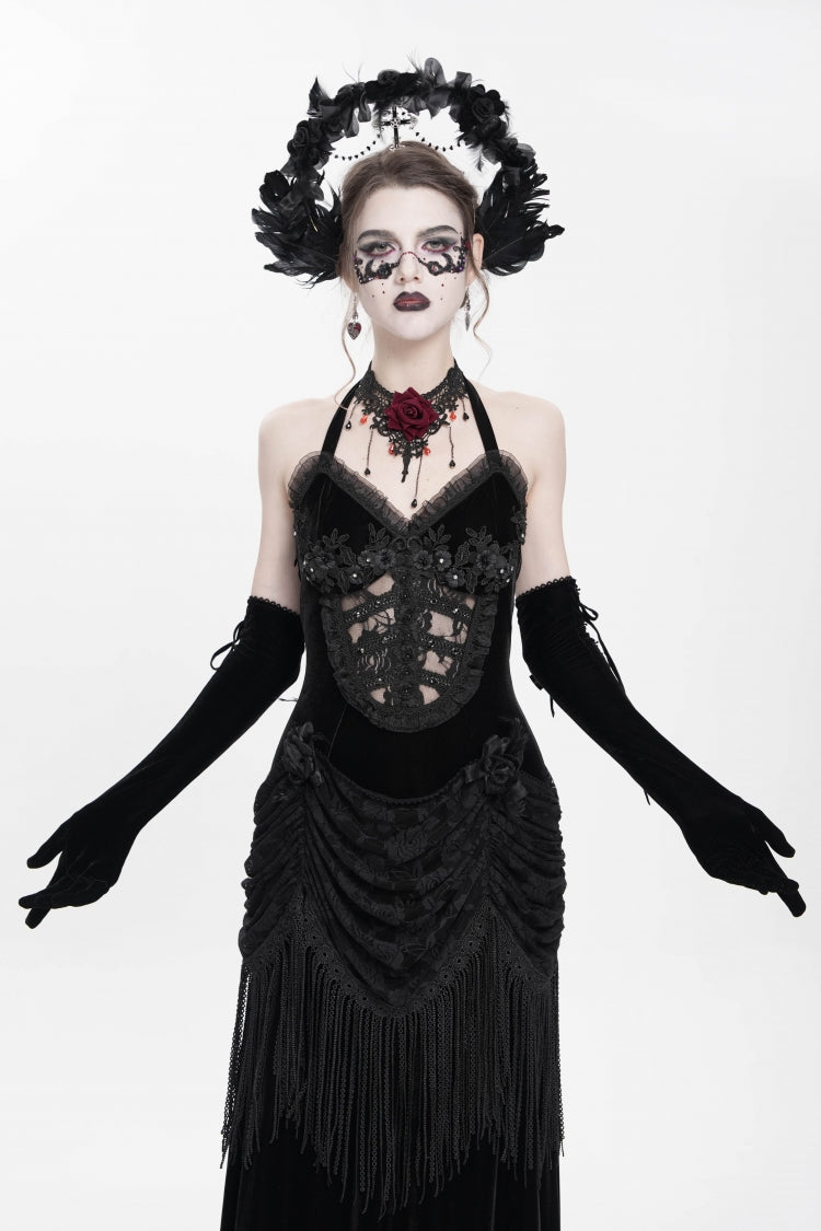 No-Sleeve Floral Lace-Up Pleated Gothic Maxi Gown