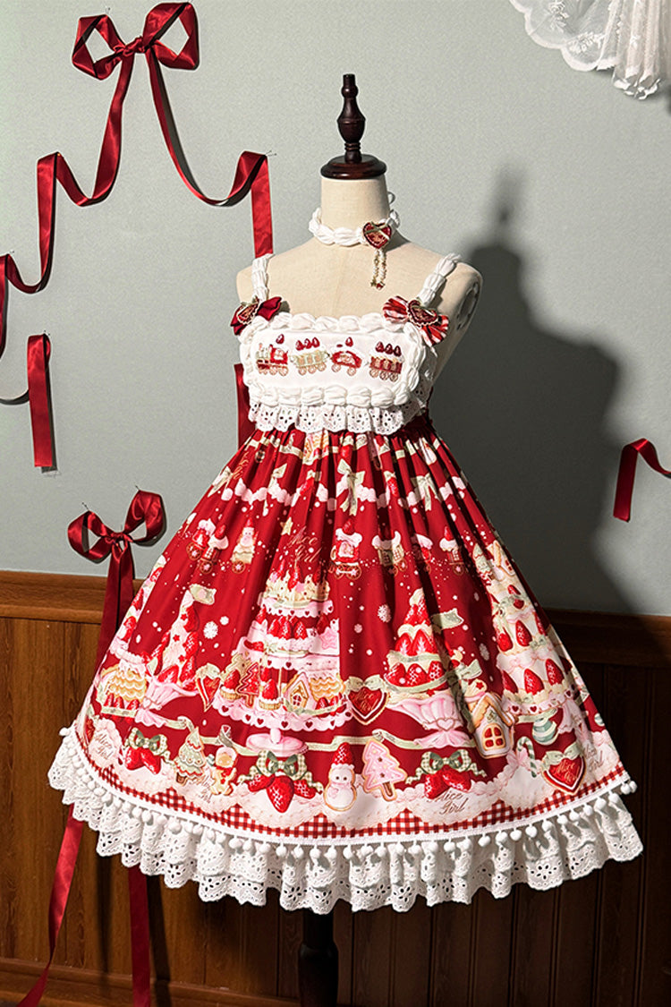 High Waisted Ruffle Bowknot Sweet Lolita JSK Dress with Strawberry Dessert Print - 4 Colors
