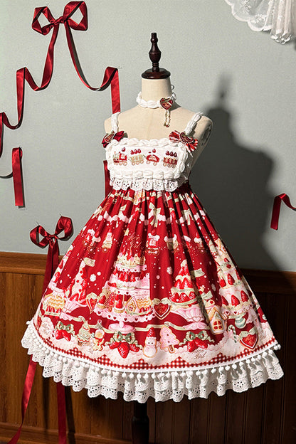 High Waisted Ruffle Bowknot Sweet Lolita JSK Dress with Strawberry Dessert Print - 4 Colors