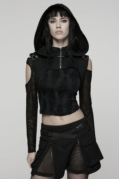 Pleated Punk Short Vest with Hood and Zip for Women