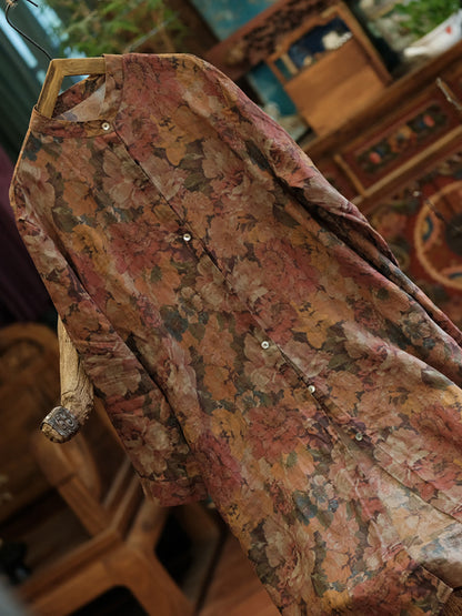 Floral Women Shirt Retro Long Vintage Ramie Button-up