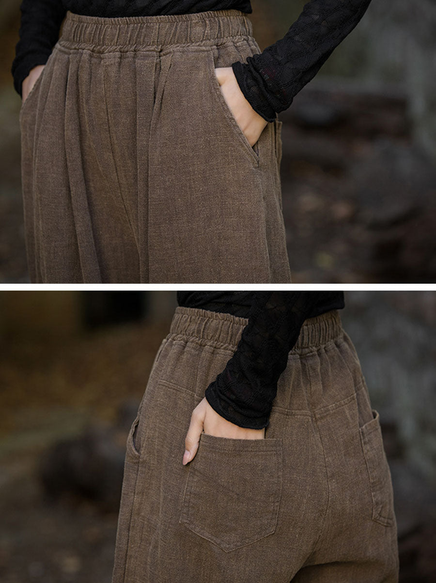 Women Vintage Autumn Solid Loose Ramie Cuffed Pants AT1013