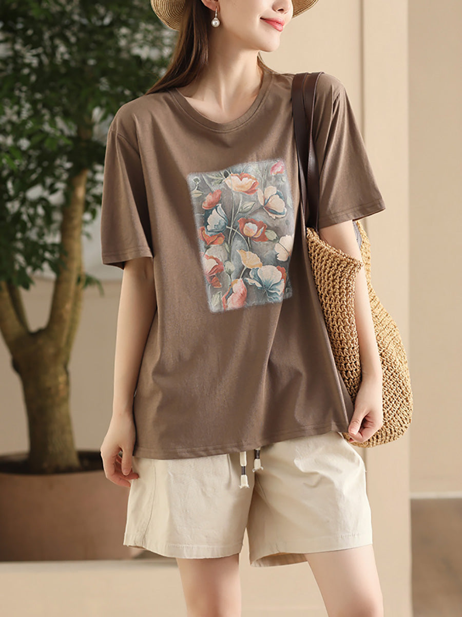 Women Summer Casual Flower Spliced Cotton Shirt CC031