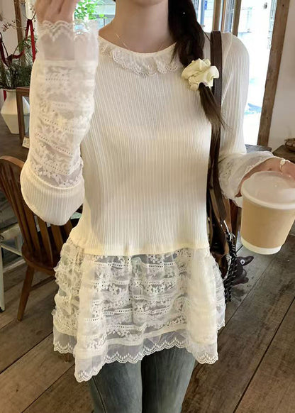 T Fit Patchwork Slim Button Shirt Spring Lace Beige