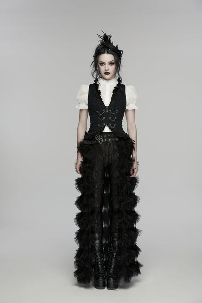 Women's Gothic Palace Vest with Lace-Up and Slim Pleated Design in Black Jacquard