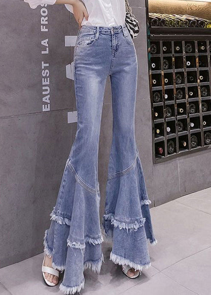 Denim Spring Stylish Tasseled Flared Patchwork Trousers Blue