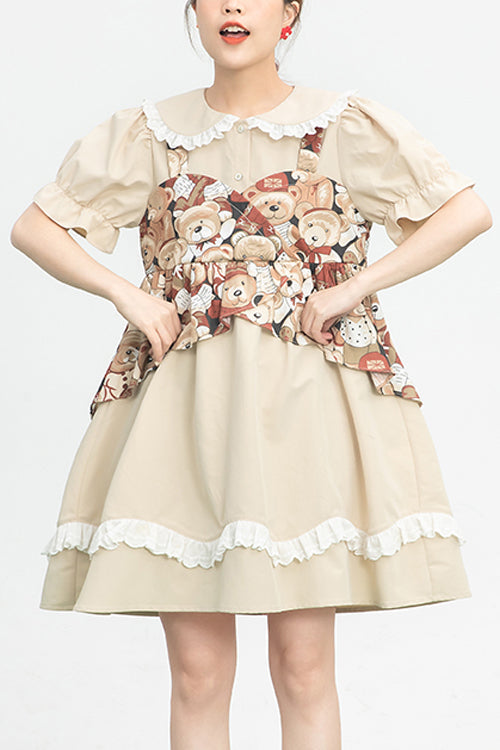 Sweet Lolita Frocks with Doll Collar, Bear Print & Faux Two-Piece Design