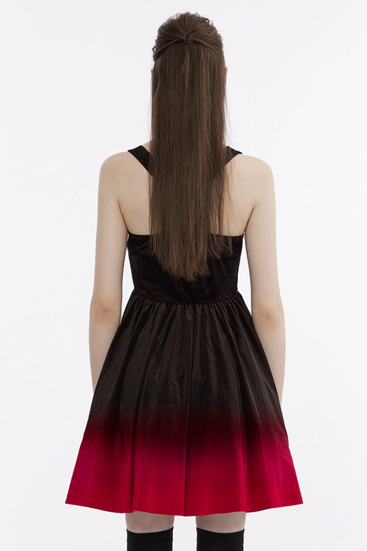 Crimson & Obsidian Sleeveless Gradient Ruffle Embroidery Gothic Dress