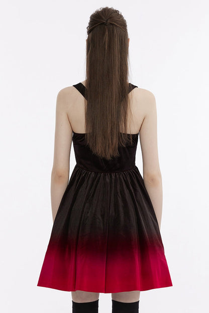 Crimson & Obsidian Sleeveless Gradient Ruffle Embroidery Gothic Dress