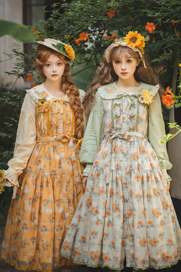 Emerald Sleeveless Sunflower Ruffle Bow Sweet Lolita Jumper Dress