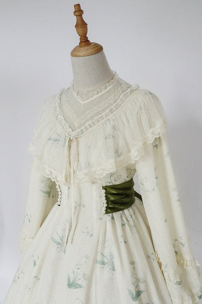 Floral Print Sweet Lolita OP Dress with Ruffled Lantern Sleeves & Lace Round Collar, Cream