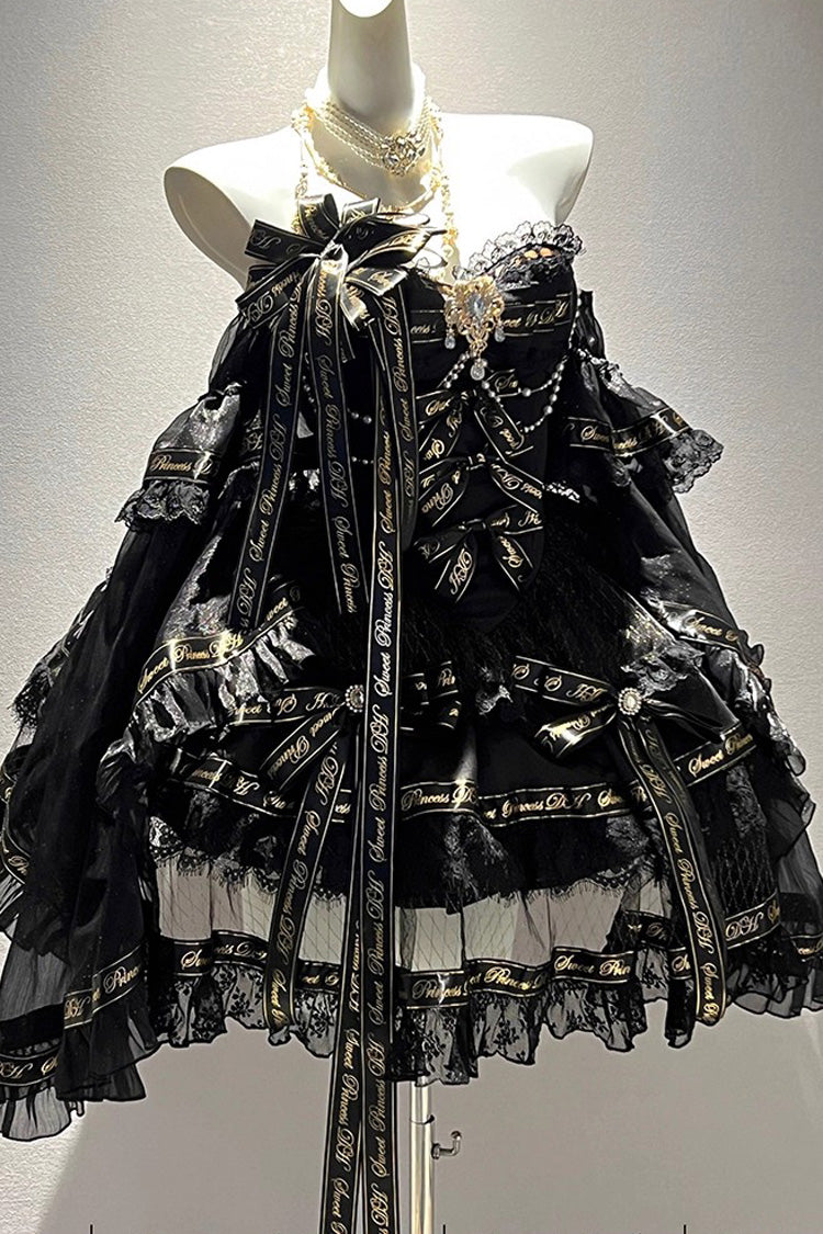 Ebony Sleeveless Tiered Bow Pearl Princess Gown - Golden Obsidian Night