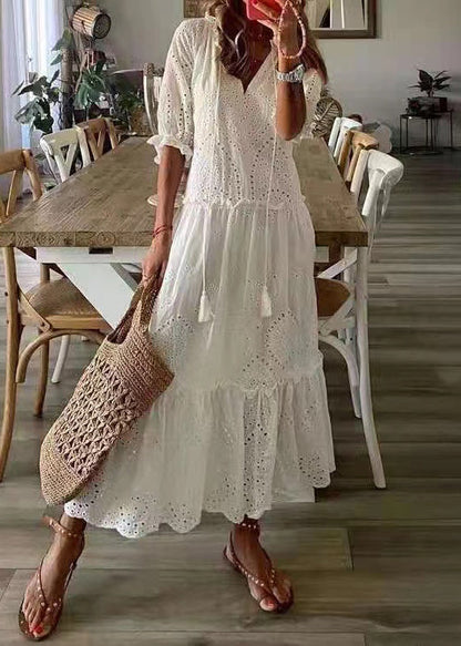 Cotton Ruffled Elegant Summer Party Out Dress Hollow White