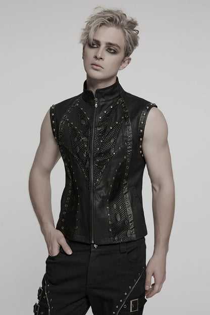 Gothic Men's Mesh Vest, Black with Stitched Mandarin Collar