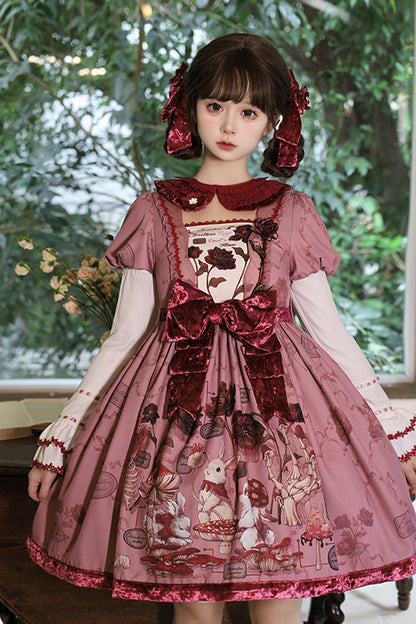 Crimson Sweet Lolita Dress with Rabbit Sunflower Print and Bow Embroidery