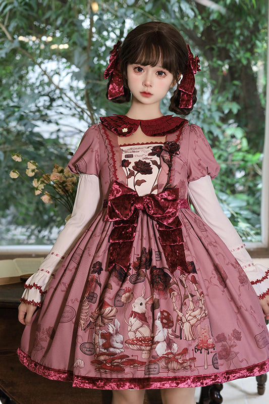 Crimson Sweet Lolita Dress with Rabbit Sunflower Print and Bow Embroidery