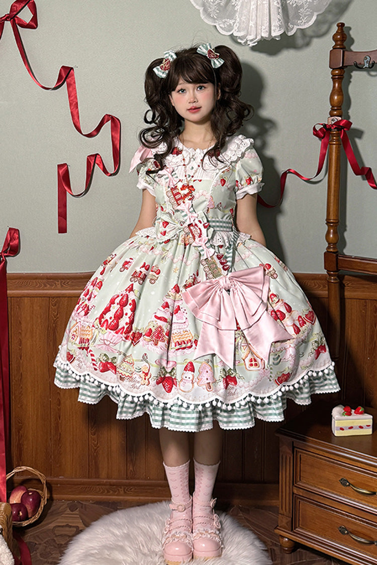Doll Collar Short Sleeve Print Ruffle Bowknot Sweet Lolita Dress with Strawberry Dessert - 4 Colors