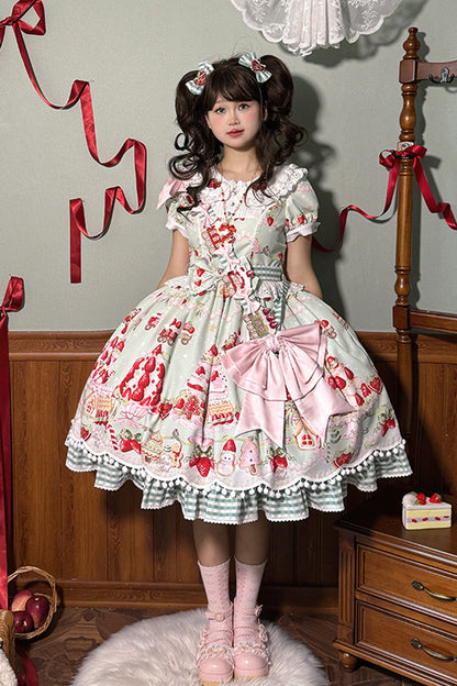 Doll Collar Short Sleeve Print Ruffle Bowknot Sweet Lolita Dress with Strawberry Dessert - 4 Colors