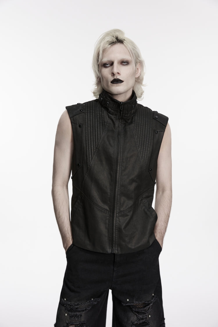 Cool Black Punk Vest for Men, Pleated with Studs and Zippers