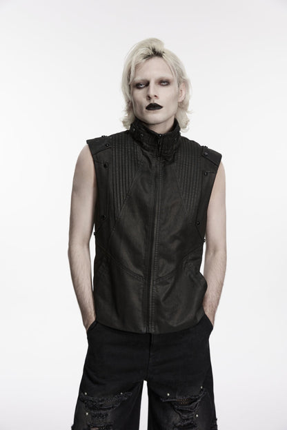 Cool Black Punk Vest for Men, Pleated with Studs and Zippers