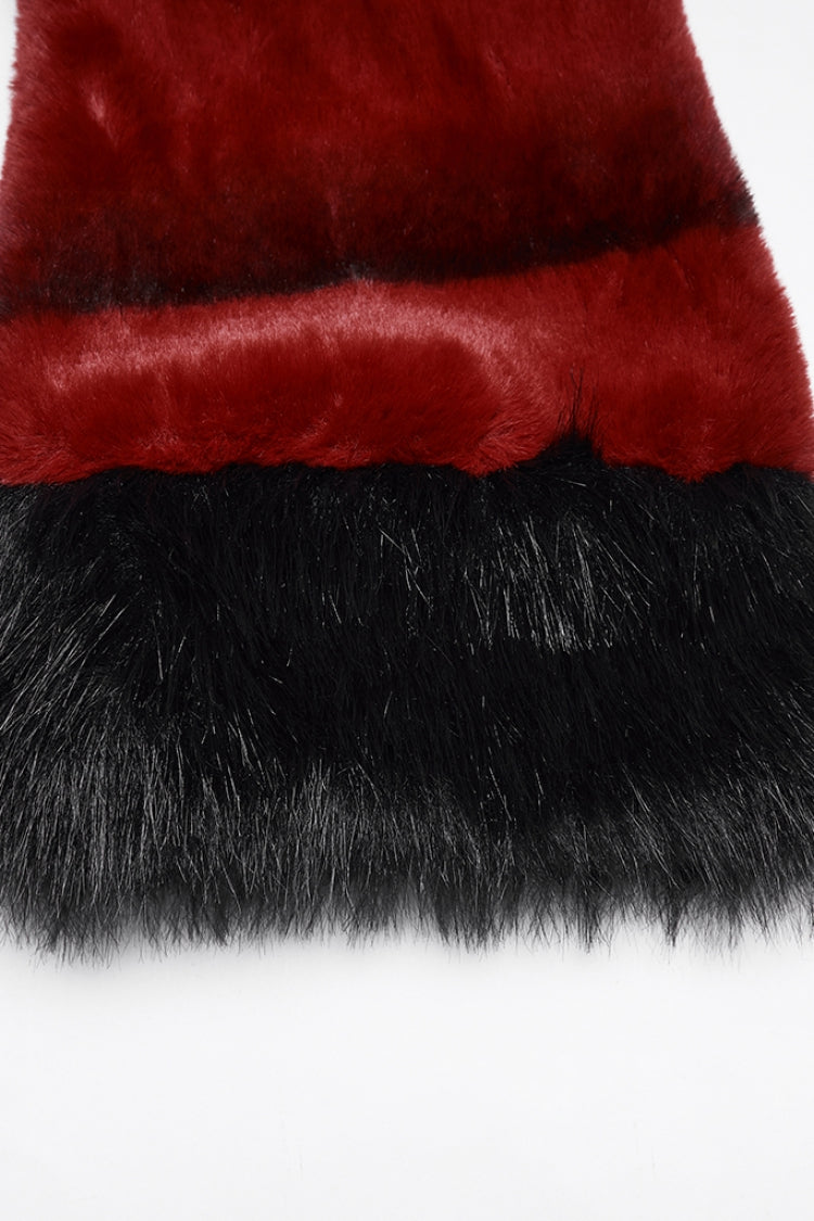 Crimson High-Neck Punk Faux Fur Short Cape with Buckle Straps
