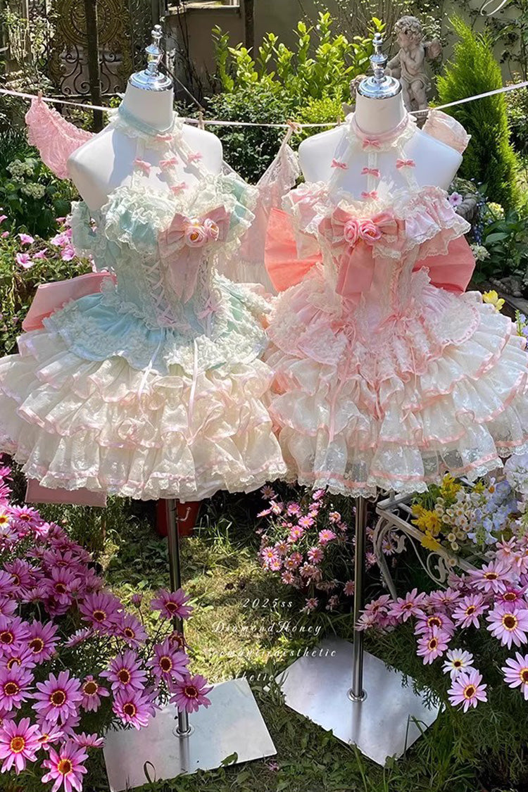 Blush Halter Multi-Tier Ruffle Bow Rose Lace-Up Ballerina JSK - Flower Language of Eros