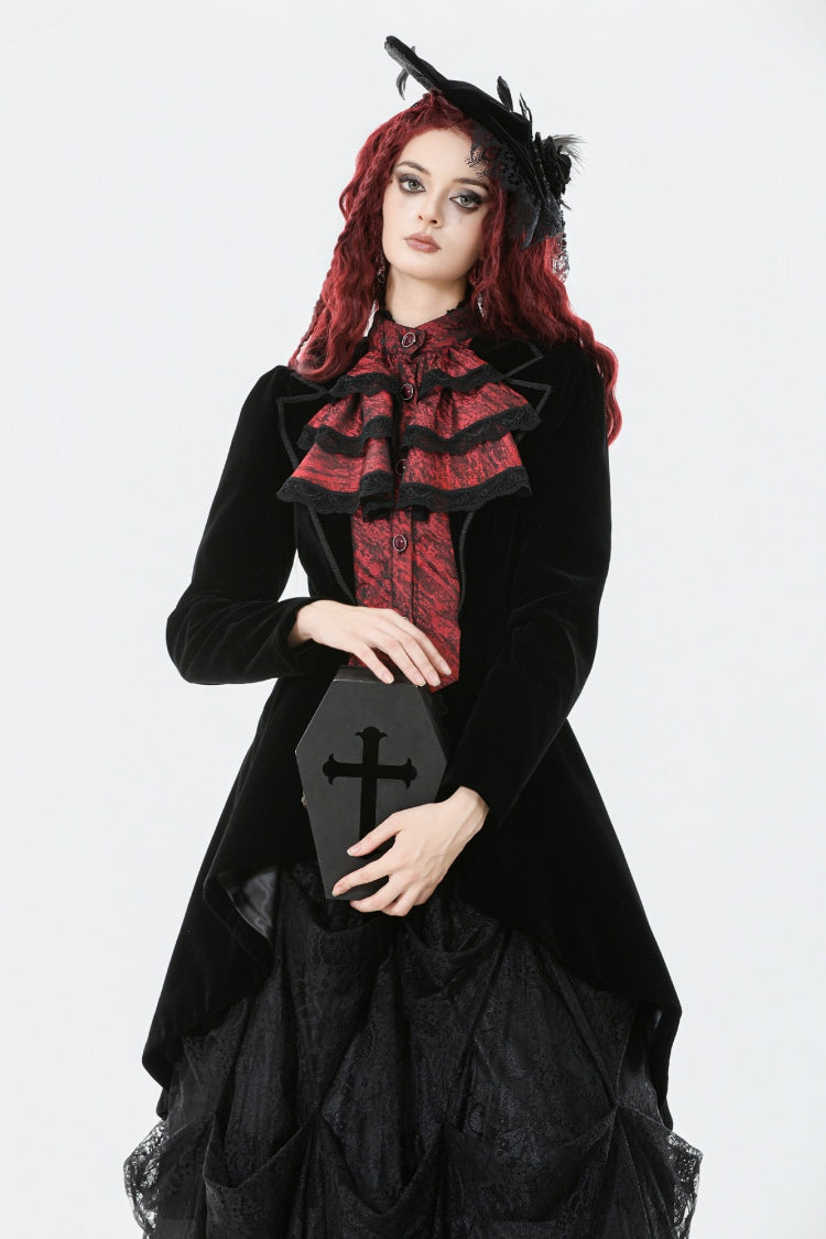 Crimson & Charcoal Peak Lapel Long Sleeve Layered Lace Mock Two-Piece Goth Tailcoat