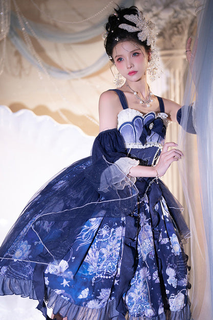 Azure Deep Sea Jellyfish Print Ruffle Lace Sweet Elegant Lolita Jumper Dress