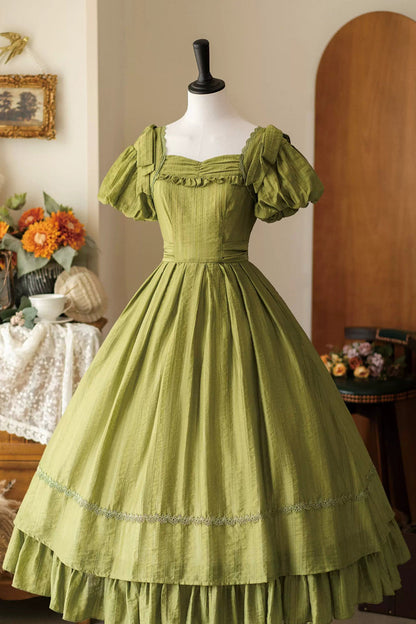 Emerald Square Neck Short Sleeve Ruffled Bow Vintage Elegant Lolita Gown